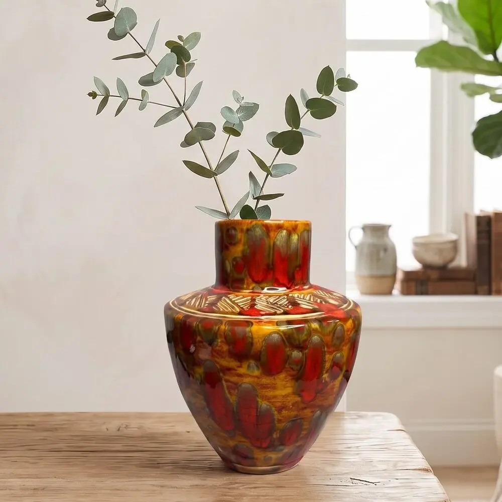 Vintage Signed Studio Pottery Vase Red Orange Glaze MCM Statement 9in
